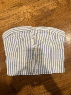Hollister Light Blue & White Striped Button-Front Strapless Crop Top